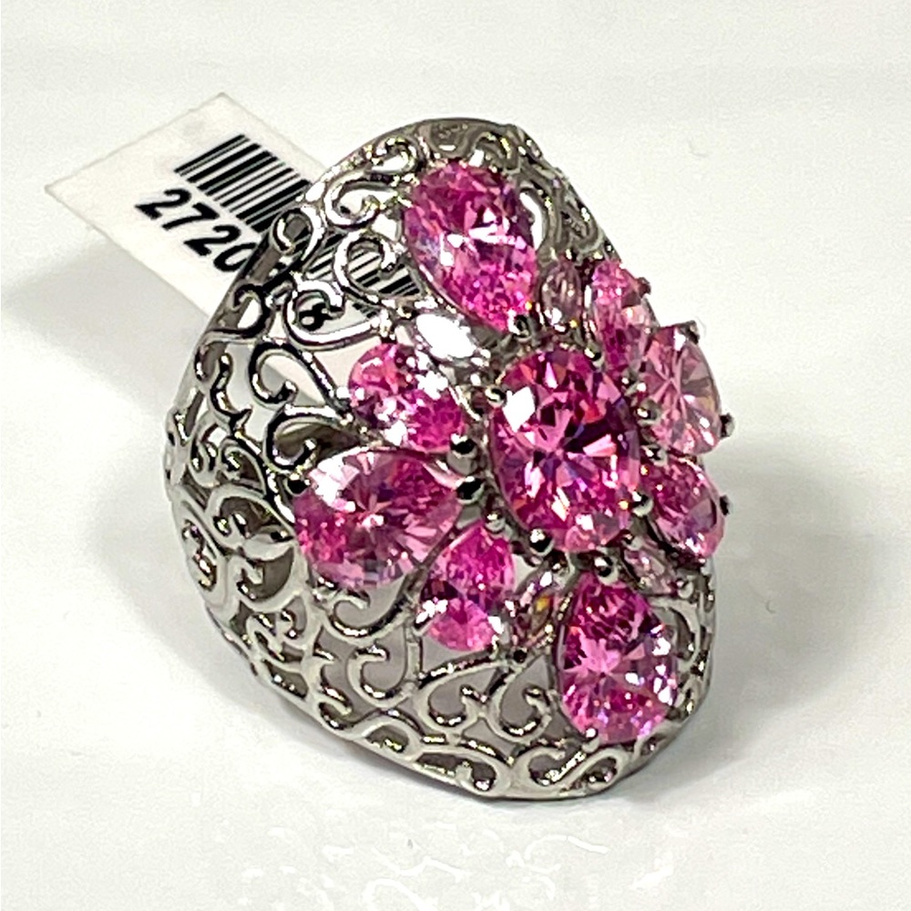 Beautiful Silver With Pink Crystals Cocktail Ring - New